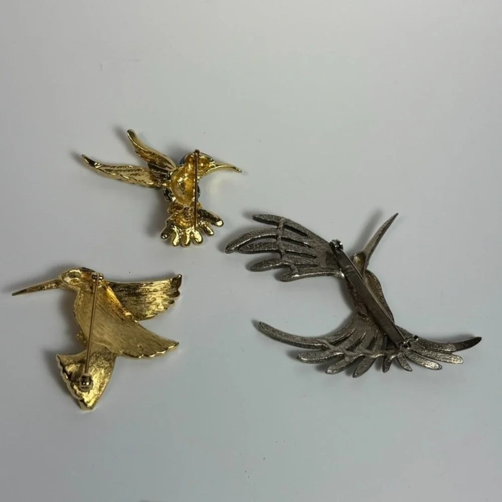 Brooch Lot Hummingbirds Vintage Silver Tone Green Painted Gold Tone‎ 2 inch